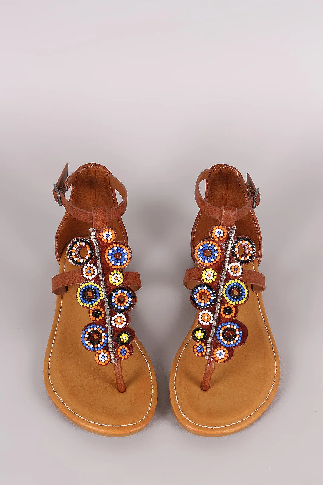 Bamboo Beadwork T-Strap Thong Flat Sandal