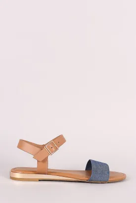 Bamboo Open Toe Ankle Strap Denim Flat Sandal