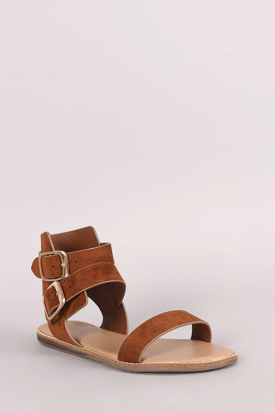 Bamboo Suede Double Buckled Ankle Strap Flat Sandal