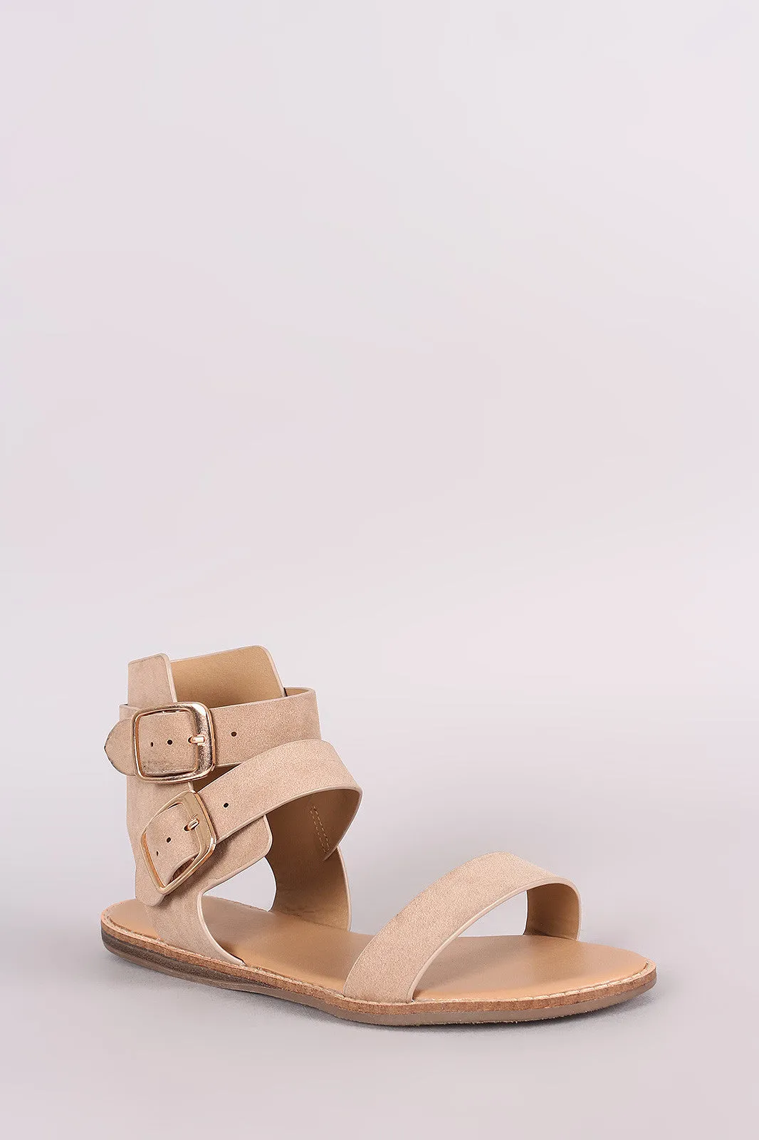 Bamboo Suede Double Buckled Ankle Strap Flat Sandal