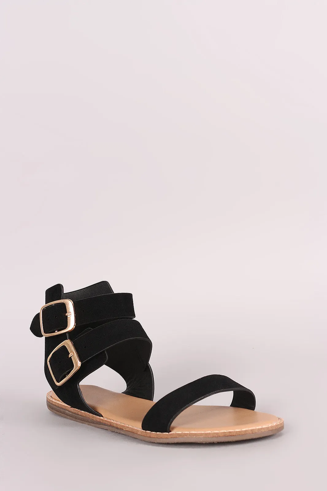 Bamboo Suede Double Buckled Ankle Strap Flat Sandal