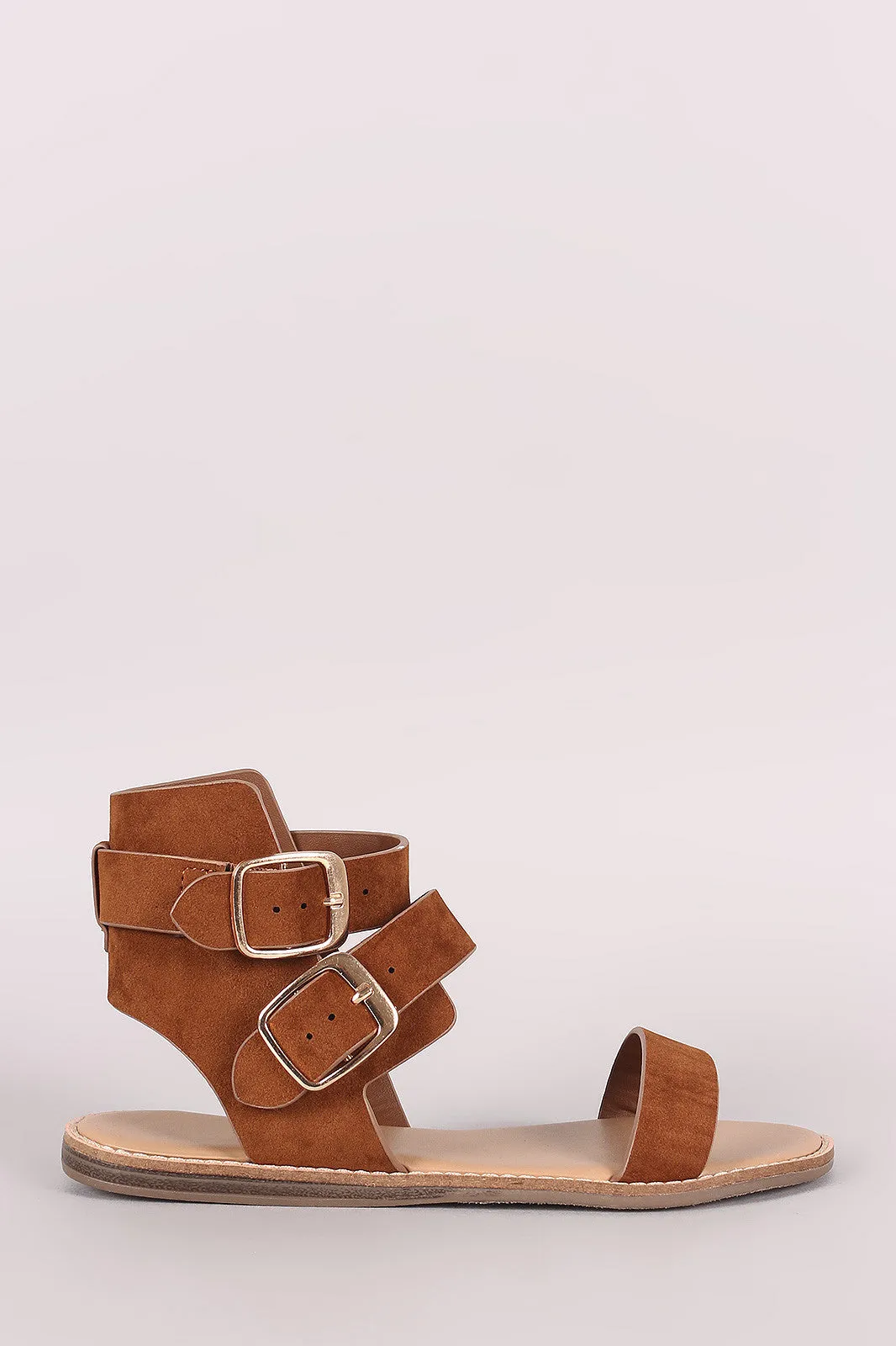 Bamboo Suede Double Buckled Ankle Strap Flat Sandal