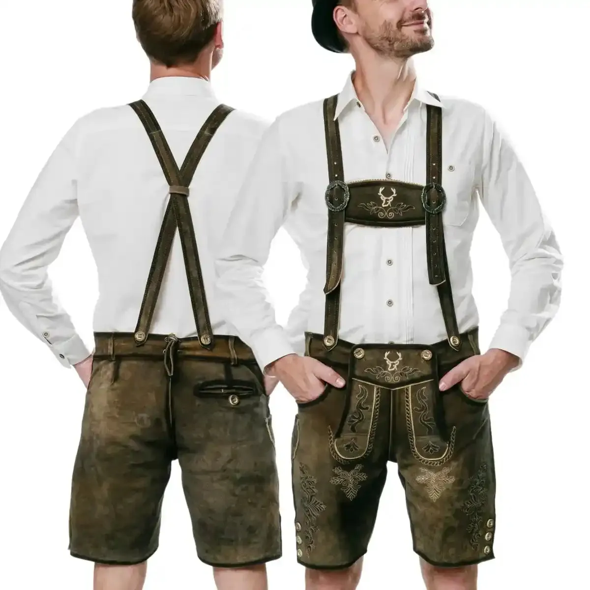 Bavarian Lederhosen Men Short Antique Waxed Brown