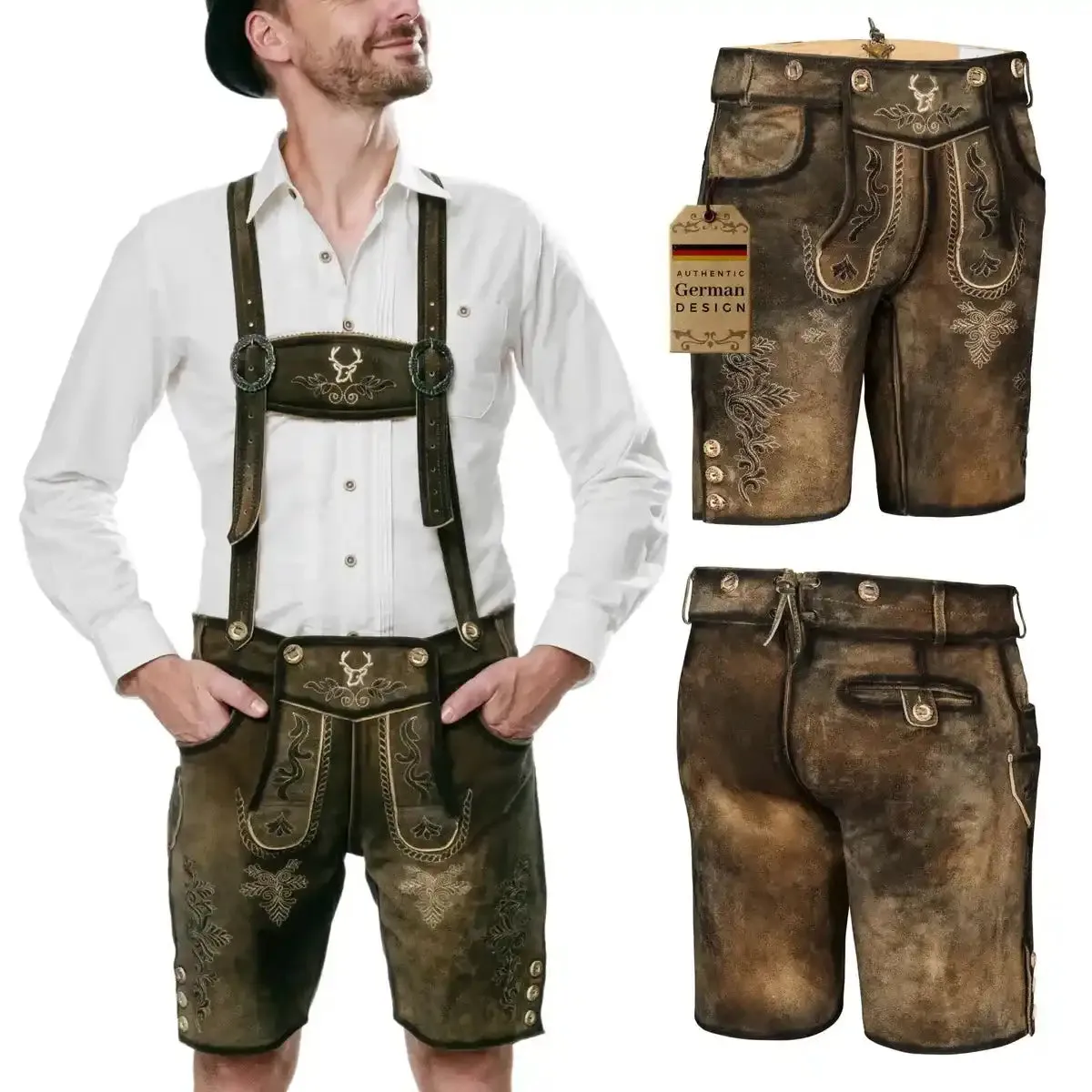 Bavarian Lederhosen Men Short Antique Waxed Brown