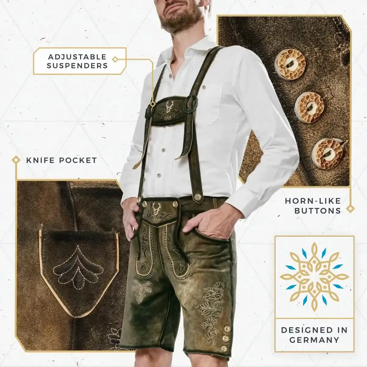 Bavarian Lederhosen Men Short Antique Waxed Brown