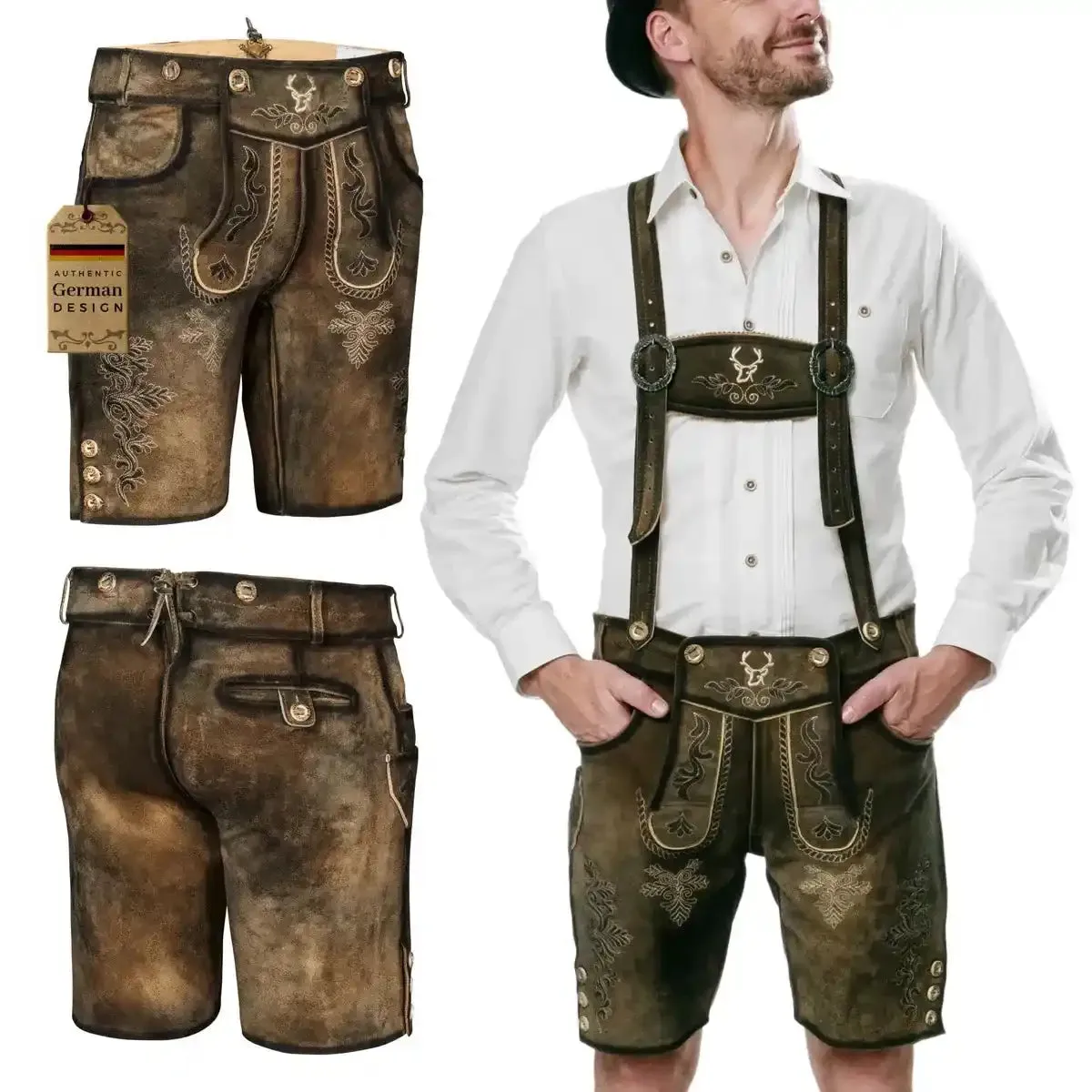 Bavarian Lederhosen Men Short Antique Waxed Brown