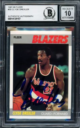 Clyde Drexler Autographed 1987-88 Fleer Card #30 Portland Trail Blazers Auto Grade Gem Mint 10 Beckett BAS Stock #205728