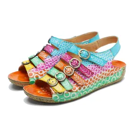 CrazycatZ Leather WedgedRoman Sandals,Women Leather Bohemian Colorful Floral Sandal