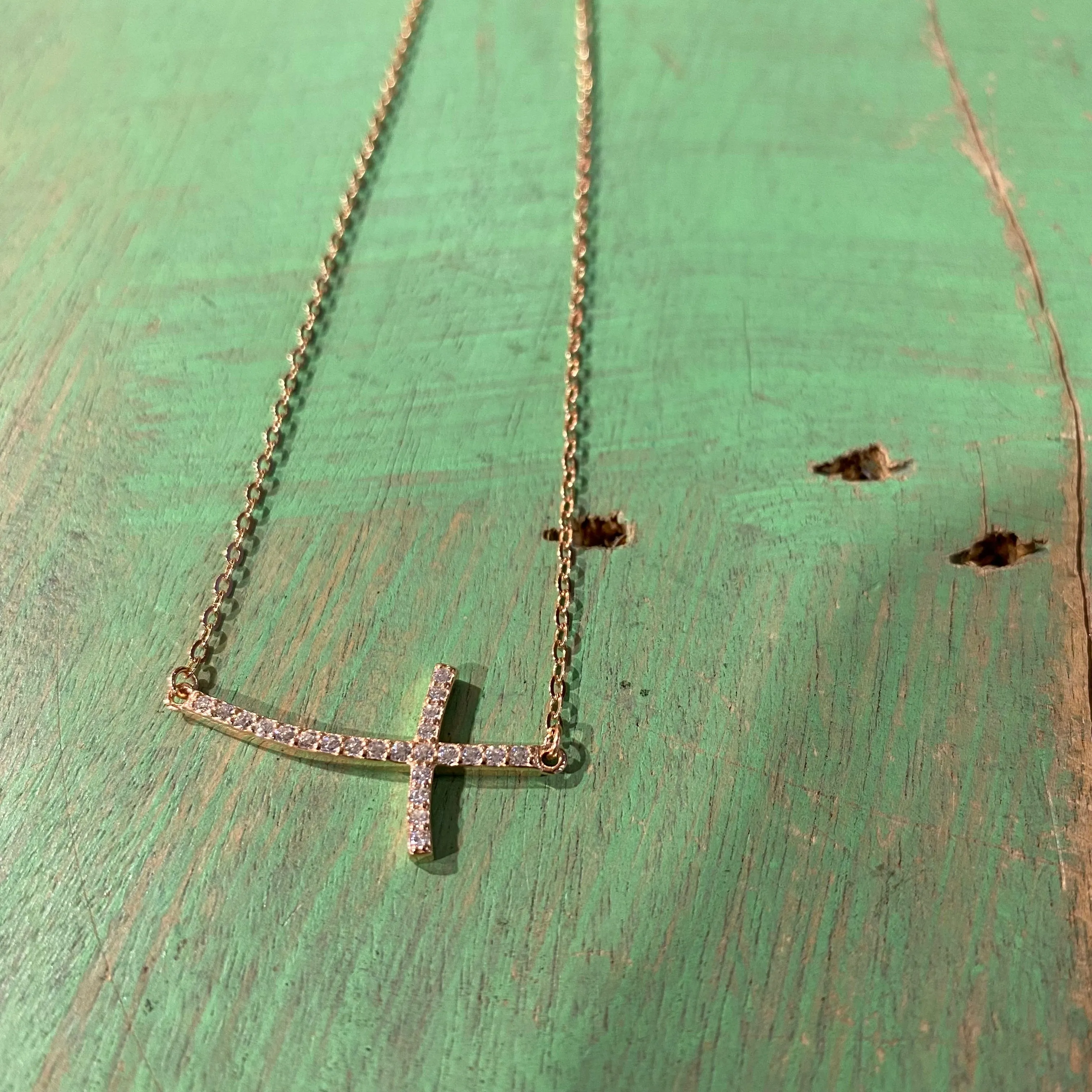 Cubic Zirconia Sideways Cross Sterling Silver Necklace