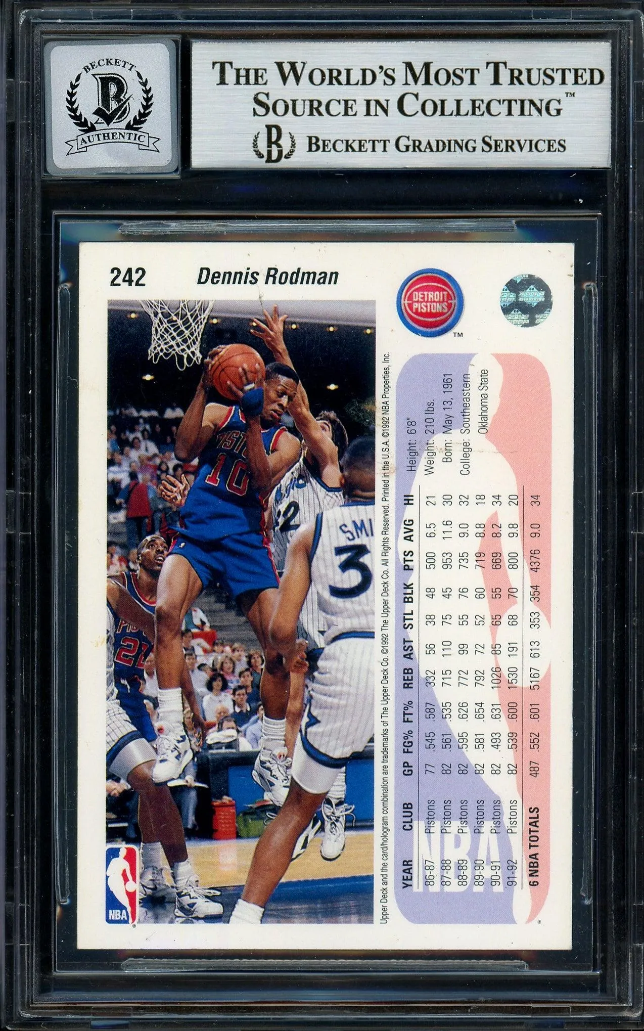 Dennis Rodman Autographed 1992-93 Upper Deck Card #242 Detroit Pistons Auto Grade Gem Mint 10 Beckett BAS Stock #194591