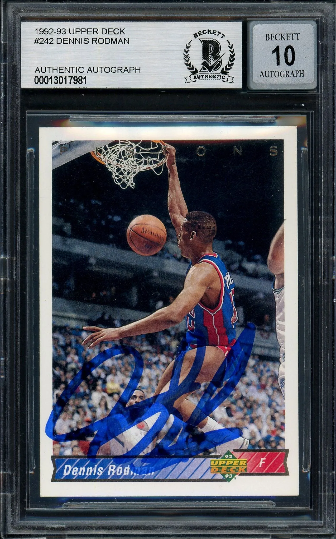 Dennis Rodman Autographed 1992-93 Upper Deck Card #242 Detroit Pistons Auto Grade Gem Mint 10 Beckett BAS Stock #194591