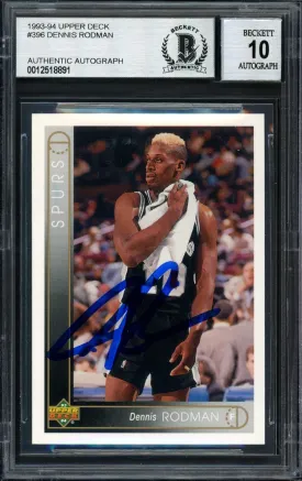 Dennis Rodman Autographed 1993-94 Upper Deck Card #396 San Antonio Spurs Auto Grade 10 Beckett BAS #12518891