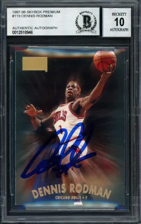 Dennis Rodman Autographed 1997-98 Skybox Premium Card #119 Chicago Bulls Auto Grade 10 Beckett BAS #12518946