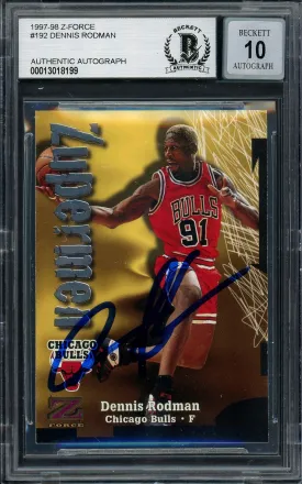 Dennis Rodman Autographed 1997-98 Skybox Zuperman Card #192 Chicago Bulls Auto Grade Gem Mint 10 Beckett BAS #13018199