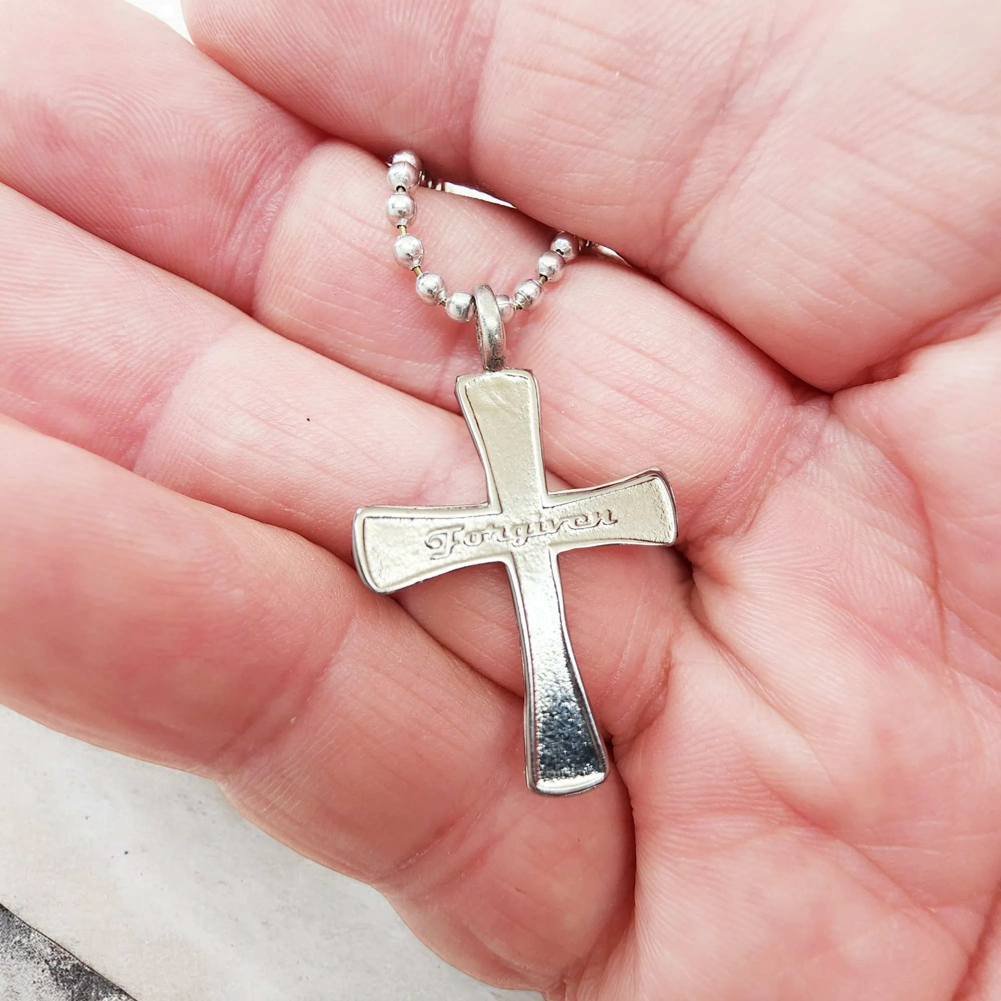 Forgiven Cross Rhodium Metal Finish Ball Chain Necklace