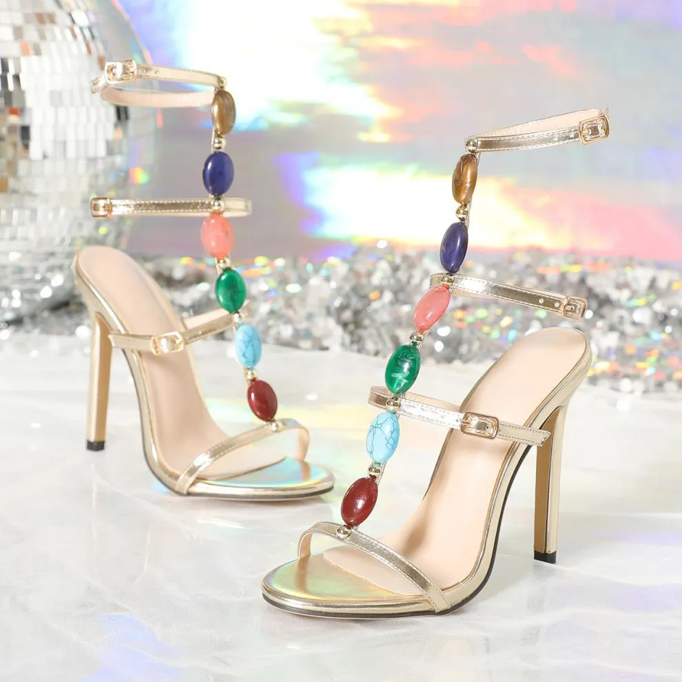 Gemstones Embellished Buckle Stiletto Heel Sandals