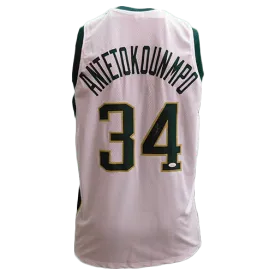 Giannis Antetokounmpo Autographed Pro Basketball White Jersey "The Greek Freak"(JSA)