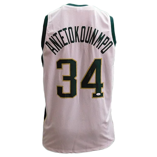 Giannis Antetokounmpo Autographed Pro Basketball White Jersey "The Greek Freak"(JSA)