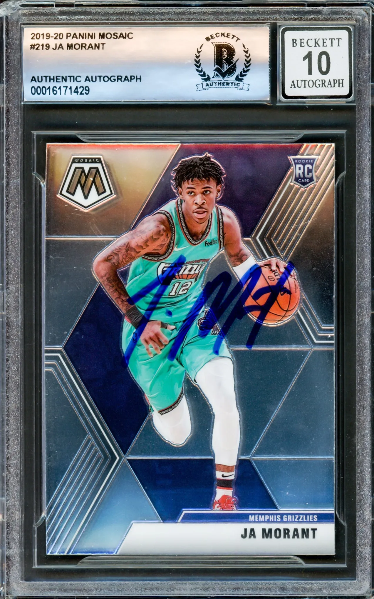 Ja Morant Autographed 2019-20 Panini Mosaic Rookie Card #219 Memphis Grizzlies Auto Grade Gem Mint 10 Beckett BAS Stock #220781