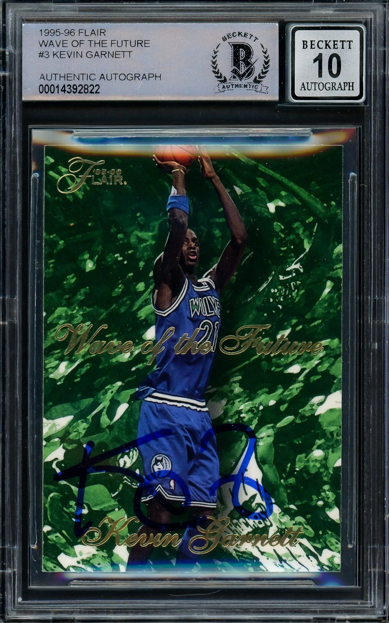 Kevin Garnett Autographed 1995-96 Fleer Flair Wave of the Future Rookie Card #3 Minnesota Timberwolves Auto Grade Gem Mint 10 Beckett BAS #14392822