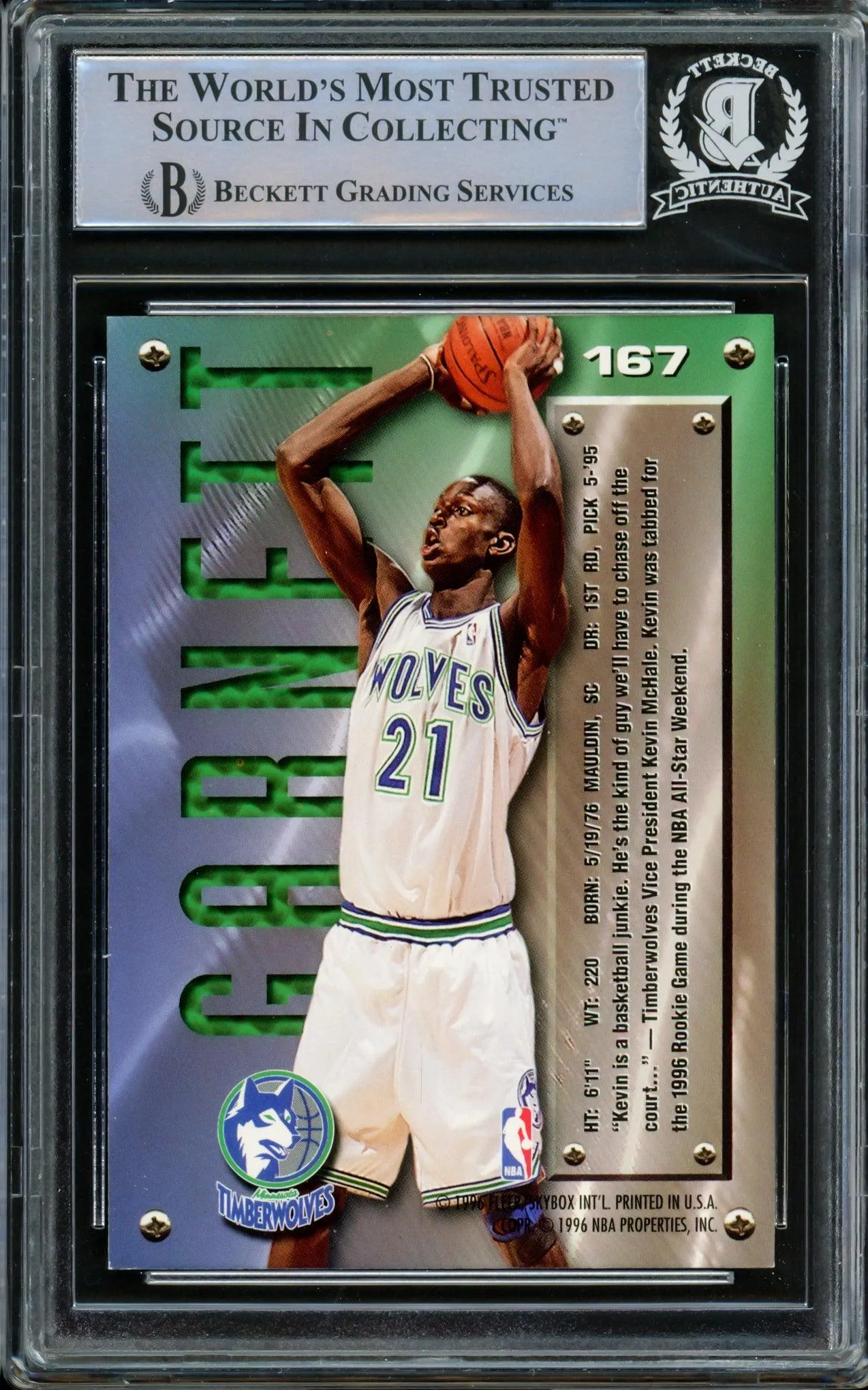 Kevin Garnett Autographed 1995-96 Fleer Metal Rookie Card #167 Minnesota Timberwolves Beckett BAS #14612520