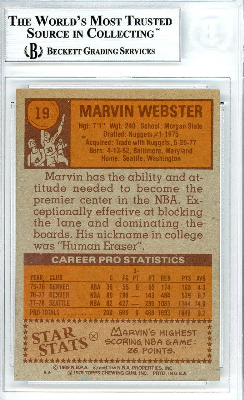 Marvin Webster Autographed 1978-79 Topps Card #19 Seattle Supersonics Beckett BAS #10712267