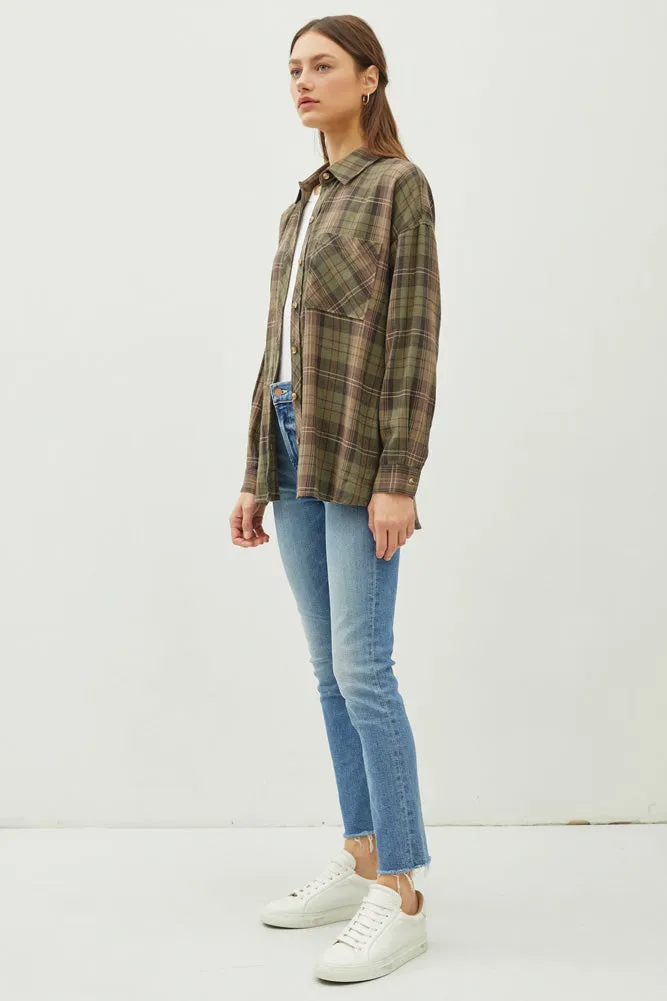 Oversize Flannel Top in Khaki by be cool