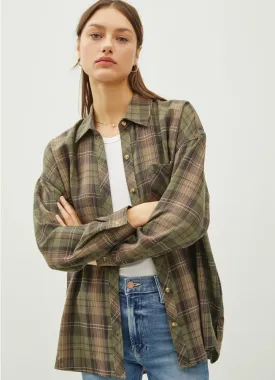 Oversize Flannel Top in Khaki by be cool