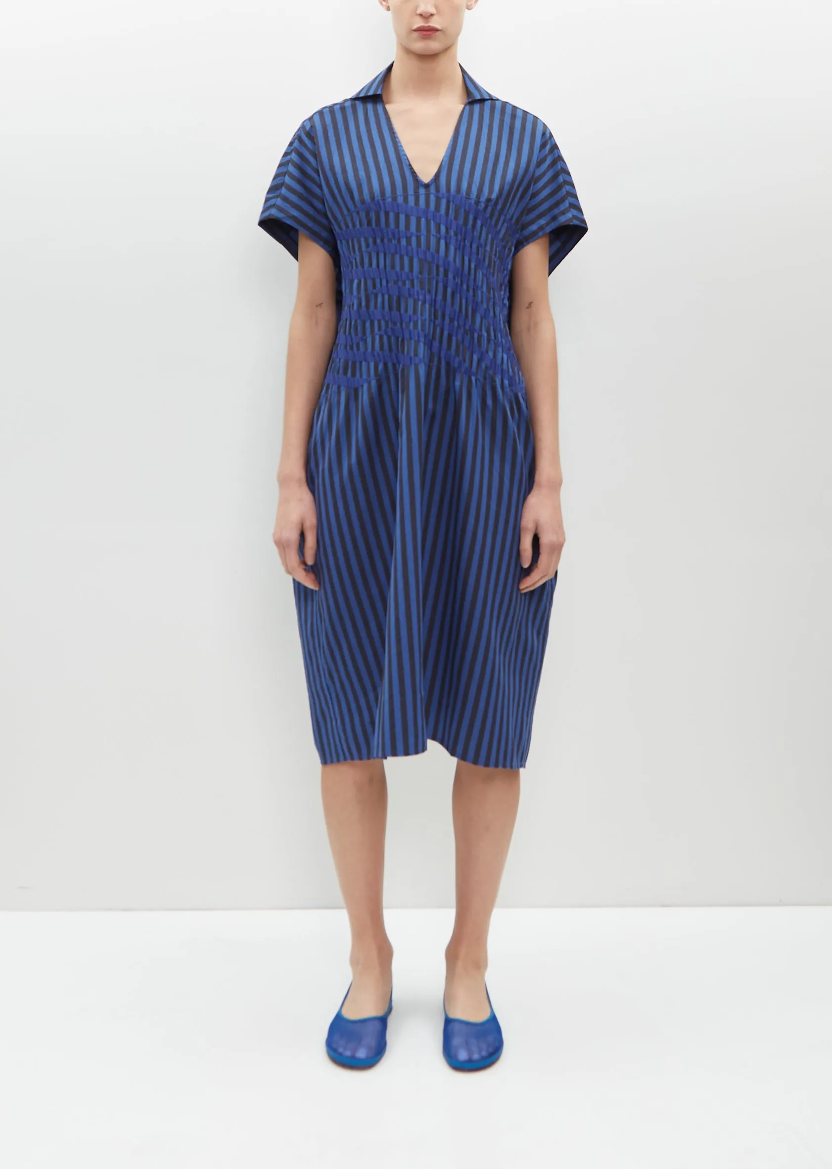 Pleated Embroidery Kaftan — Cobalt Stripe