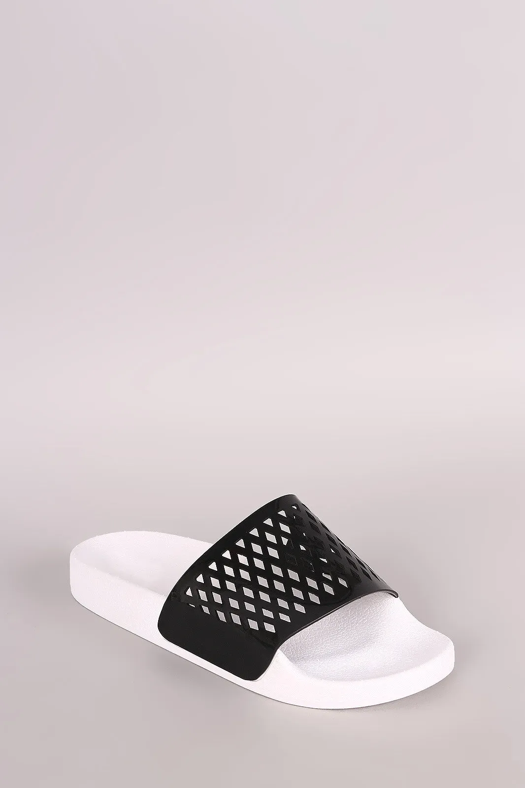 Qupid Perforated Patent Open Toe Slide Sandal