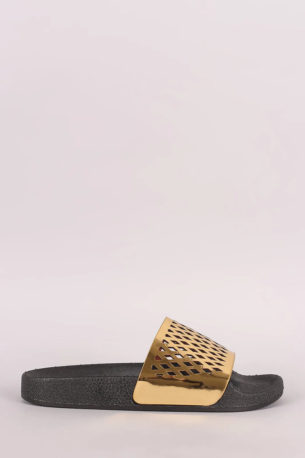 Qupid Perforated Patent Open Toe Slide Sandal