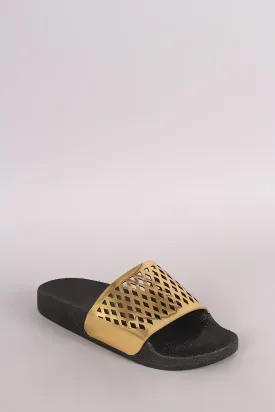 Qupid Perforated Patent Open Toe Slide Sandal