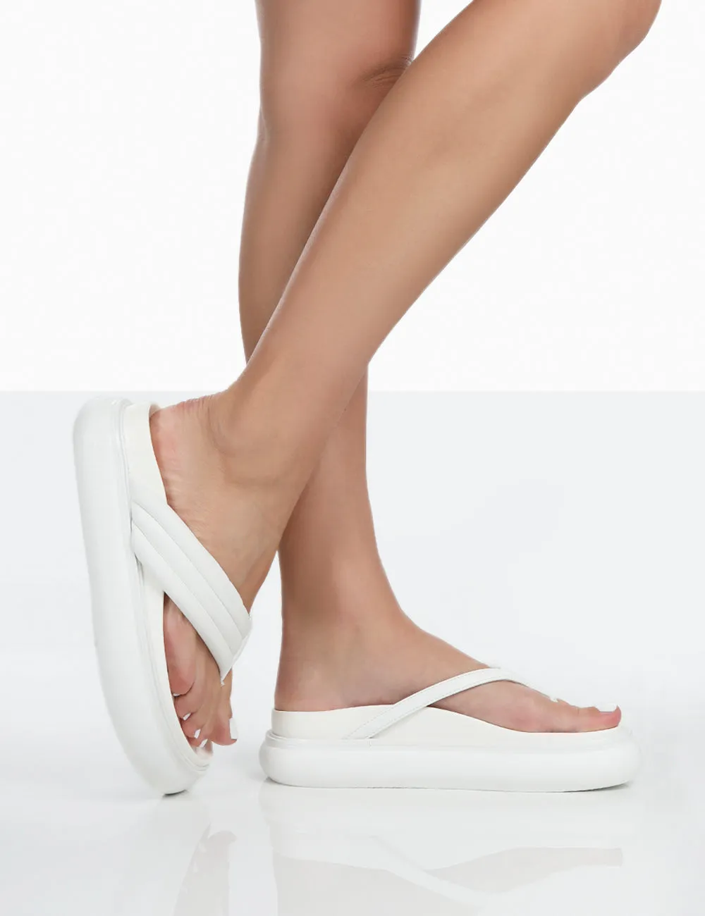 Serena White Pu Thong Strap Wedge Slider Sandals