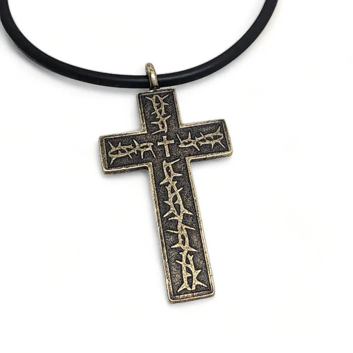 Thorns Cross Antique Brass Finish Pendant Black Cord Necklace