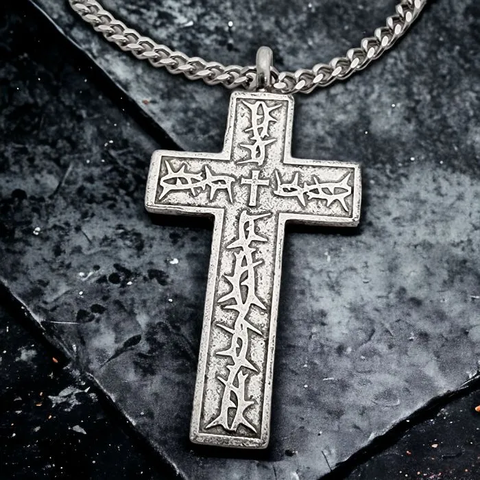 Thorns Cross Antique Silver Finish Pendant Curb Chain Necklace