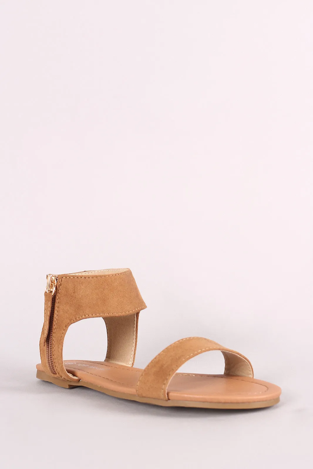 Vegan Suede Side Zipper Flat Sandal