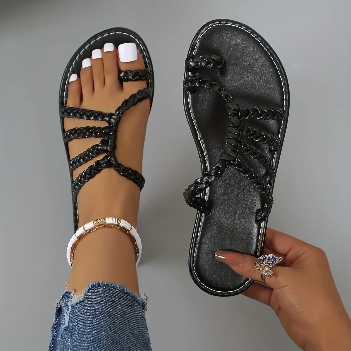 Womens Faux Leather Braided Flat Slides - Slip-On Open Toe Summer Beach Sandals with Solid Color, Rubber Sole, and Comfortable Faux Leather Insole - Perfect for Casual Outdoor Activities